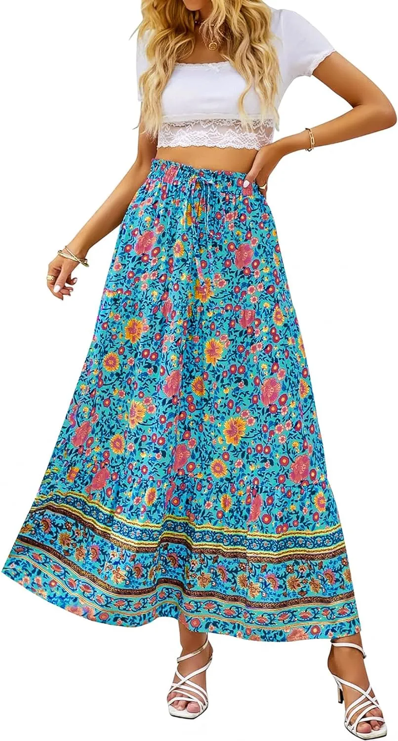 Zeagoo Women's 2024 Boho Floral Skirt Casual Elastic High Waist Maxi Skirts Flowy A Line Beach Long Skirt with Side Pockets