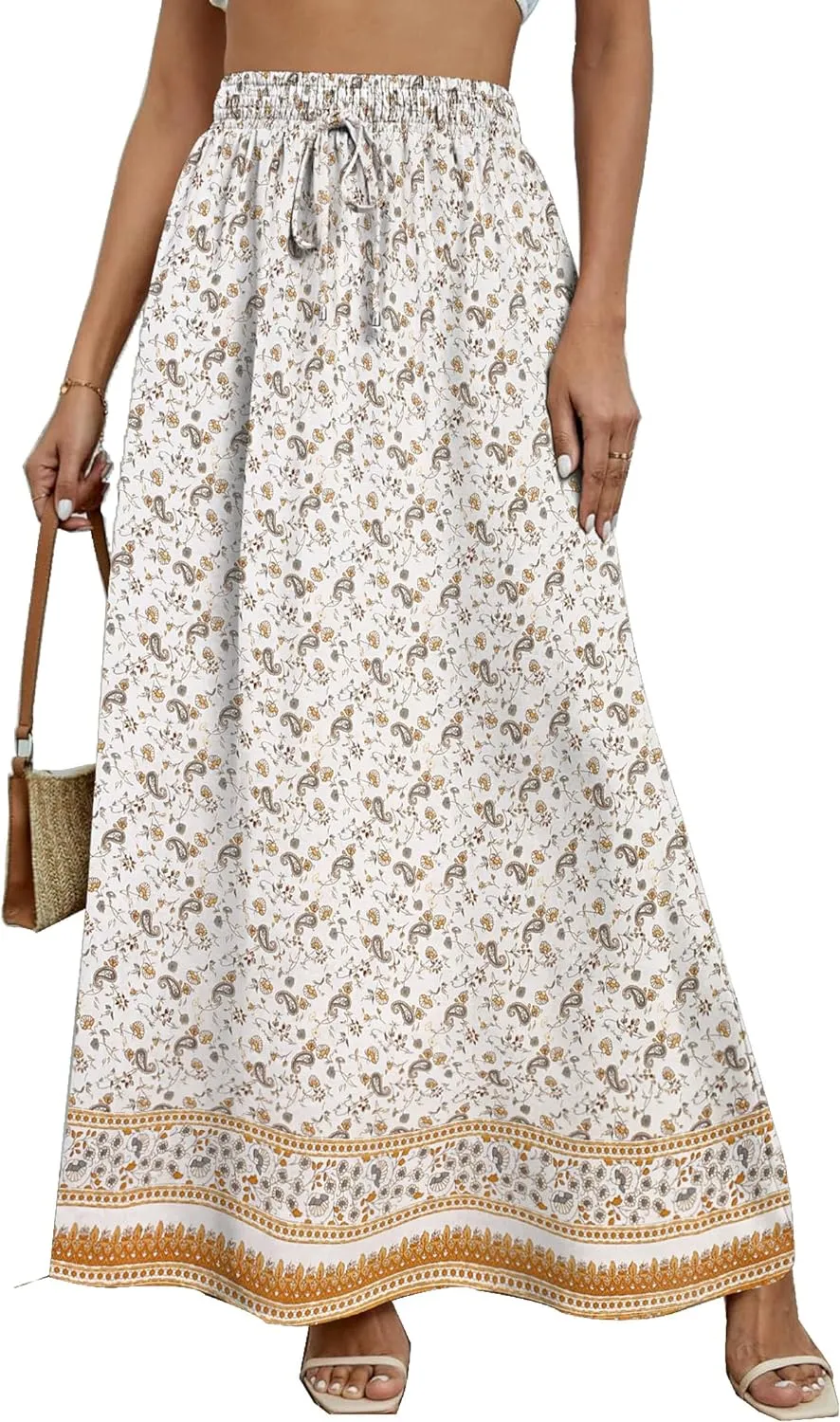 Zeagoo Women's 2024 Boho Floral Skirt Casual Elastic High Waist Maxi Skirts Flowy A Line Beach Long Skirt with Side Pockets