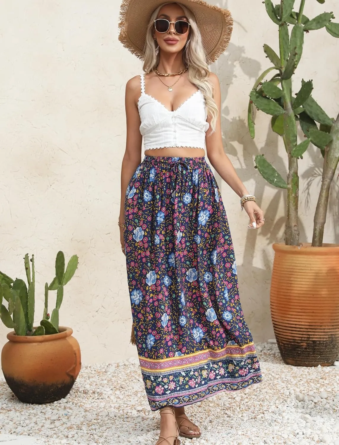 Zeagoo Women's 2024 Boho Floral Skirt Casual Elastic High Waist Maxi Skirts Flowy A Line Beach Long Skirt with Side Pockets