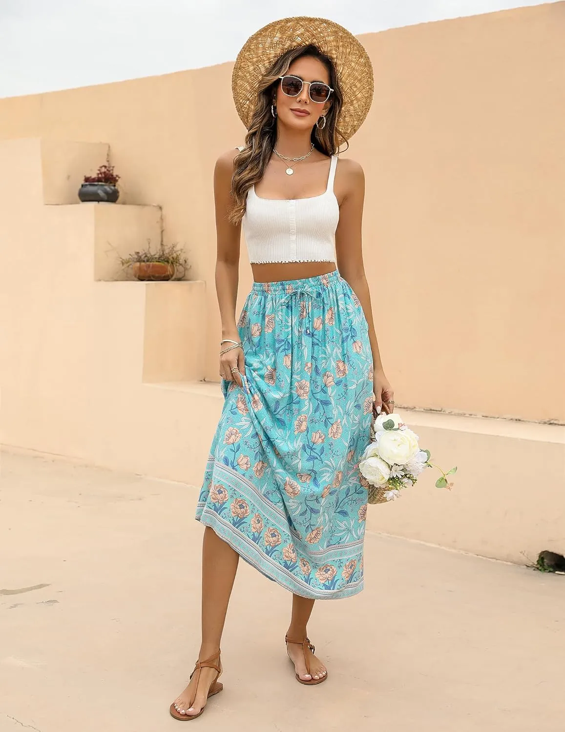 Zeagoo Women's 2024 Boho Floral Skirt Casual Elastic High Waist Maxi Skirts Flowy A Line Beach Long Skirt with Side Pockets