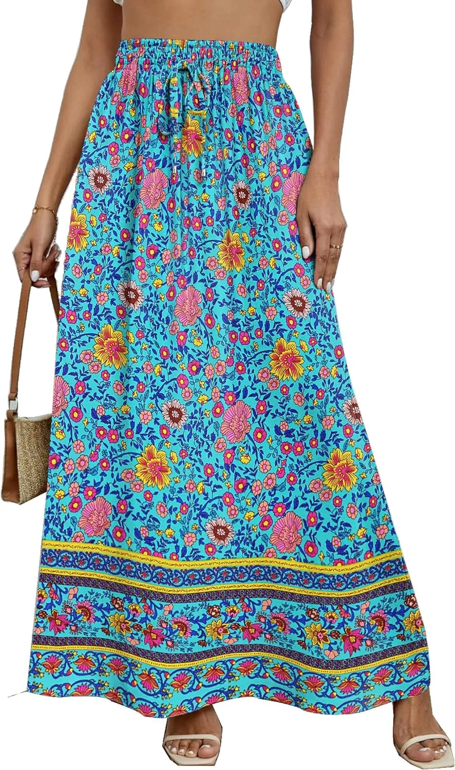 Zeagoo Women's 2024 Boho Floral Skirt Casual Elastic High Waist Maxi Skirts Flowy A Line Beach Long Skirt with Side Pockets