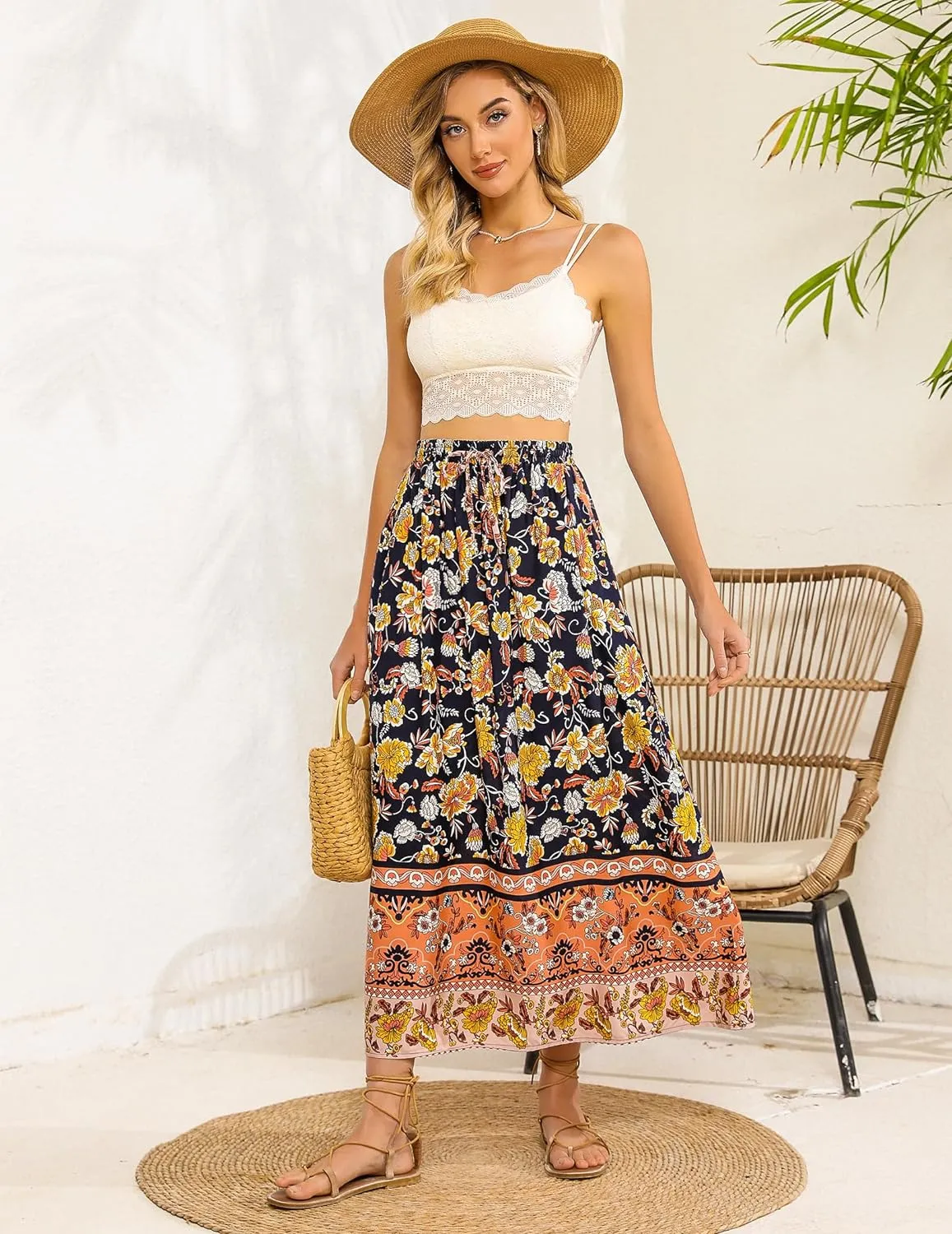 Zeagoo Women's 2024 Boho Floral Skirt Casual Elastic High Waist Maxi Skirts Flowy A Line Beach Long Skirt with Side Pockets