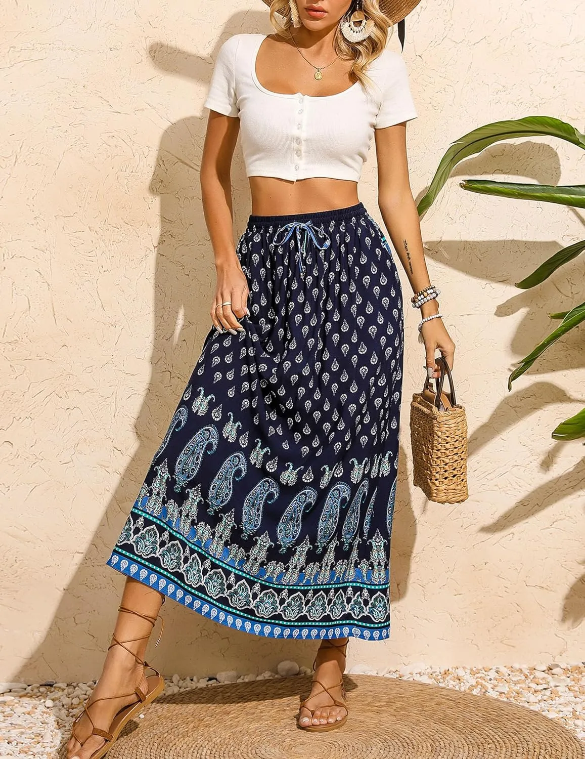Zeagoo Women's 2024 Boho Floral Skirt Casual Elastic High Waist Maxi Skirts Flowy A Line Beach Long Skirt with Side Pockets