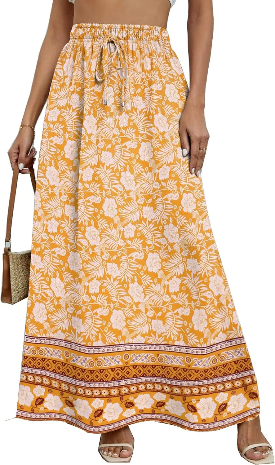 Zeagoo Women's 2024 Boho Floral Skirt Casual Elastic High Waist Maxi Skirts Flowy A Line Beach Long Skirt with Side Pockets