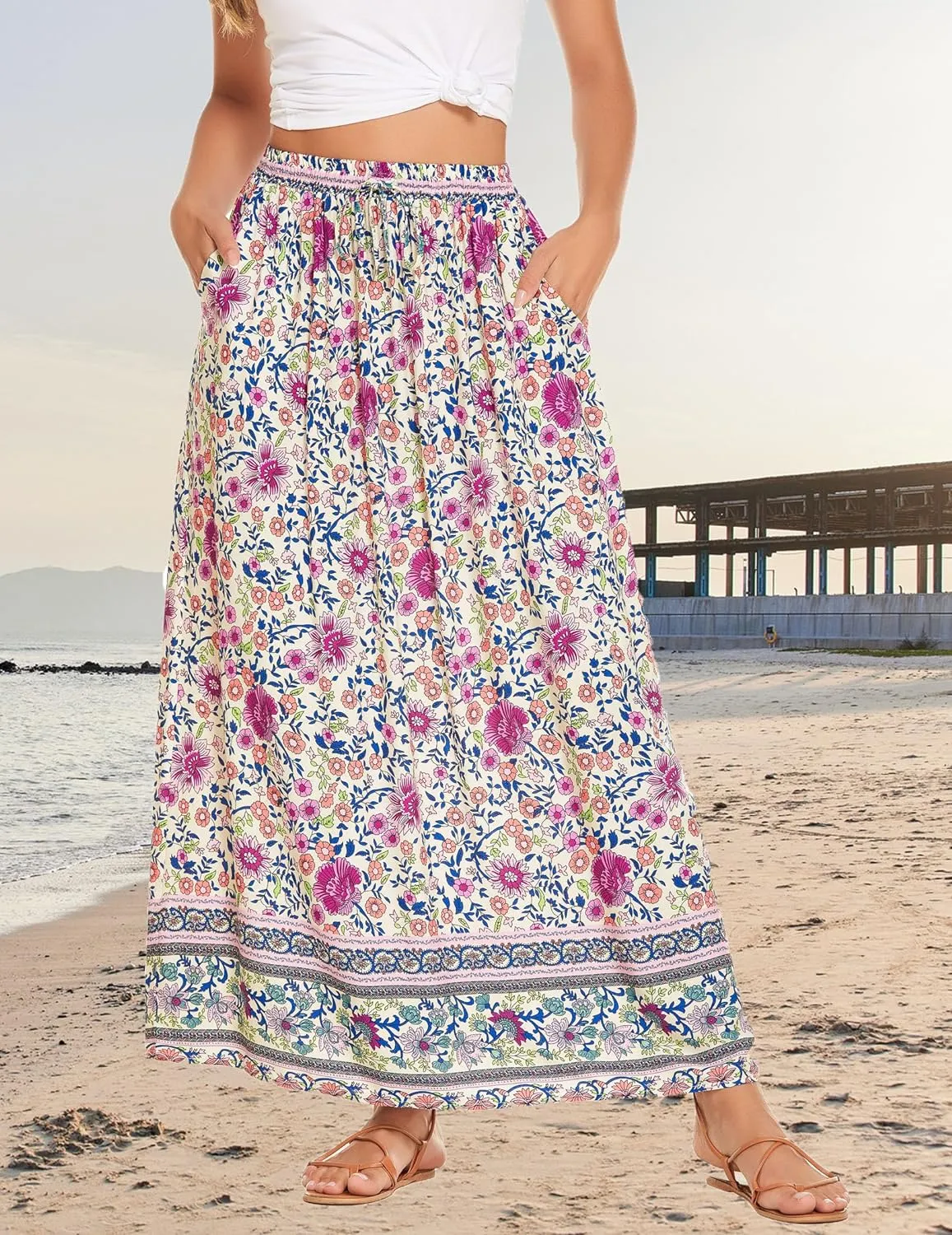 Zeagoo Women's 2024 Boho Floral Skirt Casual Elastic High Waist Maxi Skirts Flowy A Line Beach Long Skirt with Side Pockets
