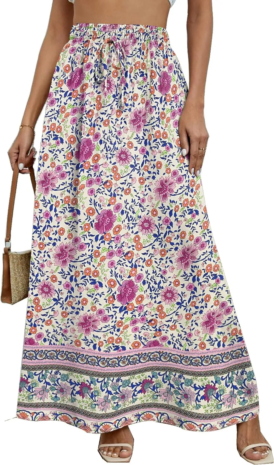 Zeagoo Women's 2024 Boho Floral Skirt Casual Elastic High Waist Maxi Skirts Flowy A Line Beach Long Skirt with Side Pockets