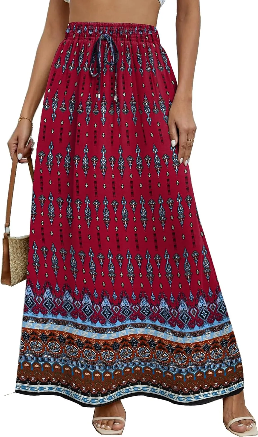 Zeagoo Women's 2024 Boho Floral Skirt Casual Elastic High Waist Maxi Skirts Flowy A Line Beach Long Skirt with Side Pockets