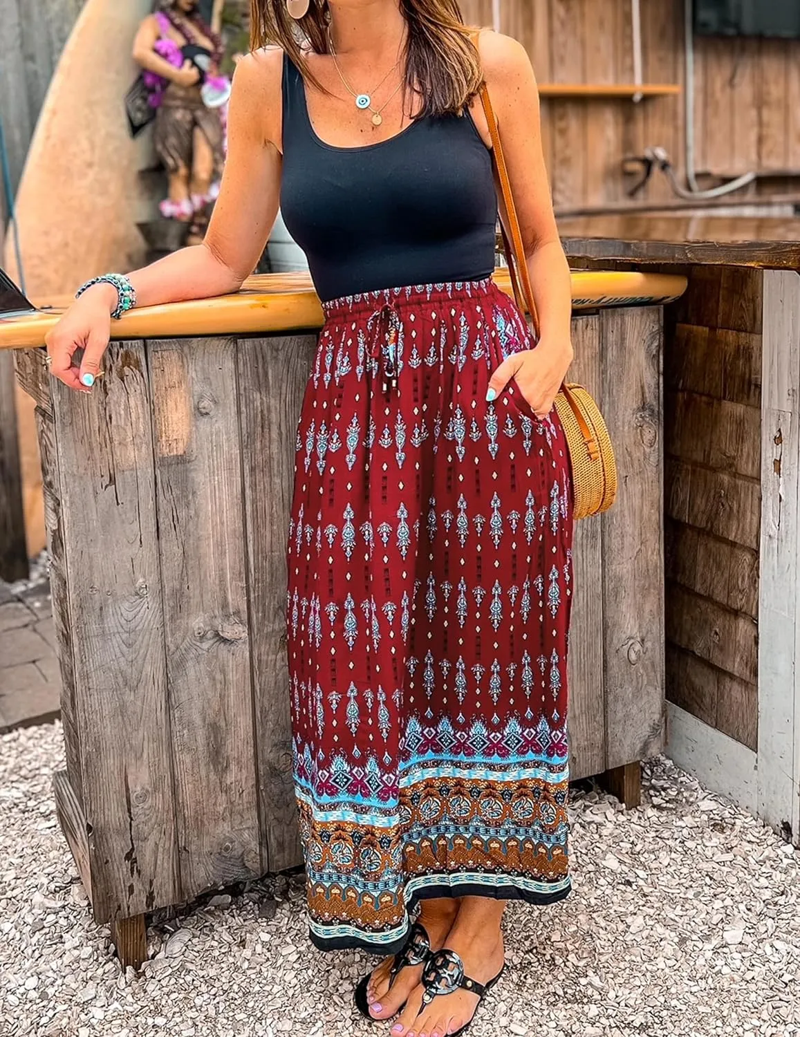 Zeagoo Women's 2024 Boho Floral Skirt Casual Elastic High Waist Maxi Skirts Flowy A Line Beach Long Skirt with Side Pockets
