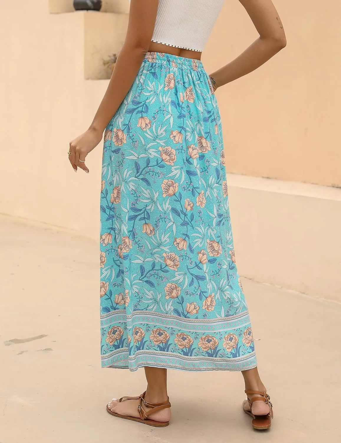Zeagoo Women's 2024 Boho Floral Skirt Casual Elastic High Waist Maxi Skirts Flowy A Line Beach Long Skirt with Side Pockets