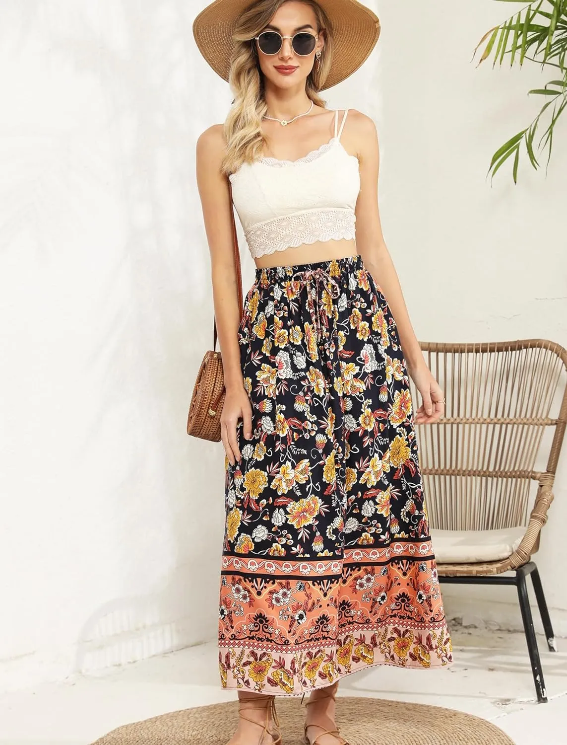 Zeagoo Women's 2024 Boho Floral Skirt Casual Elastic High Waist Maxi Skirts Flowy A Line Beach Long Skirt with Side Pockets