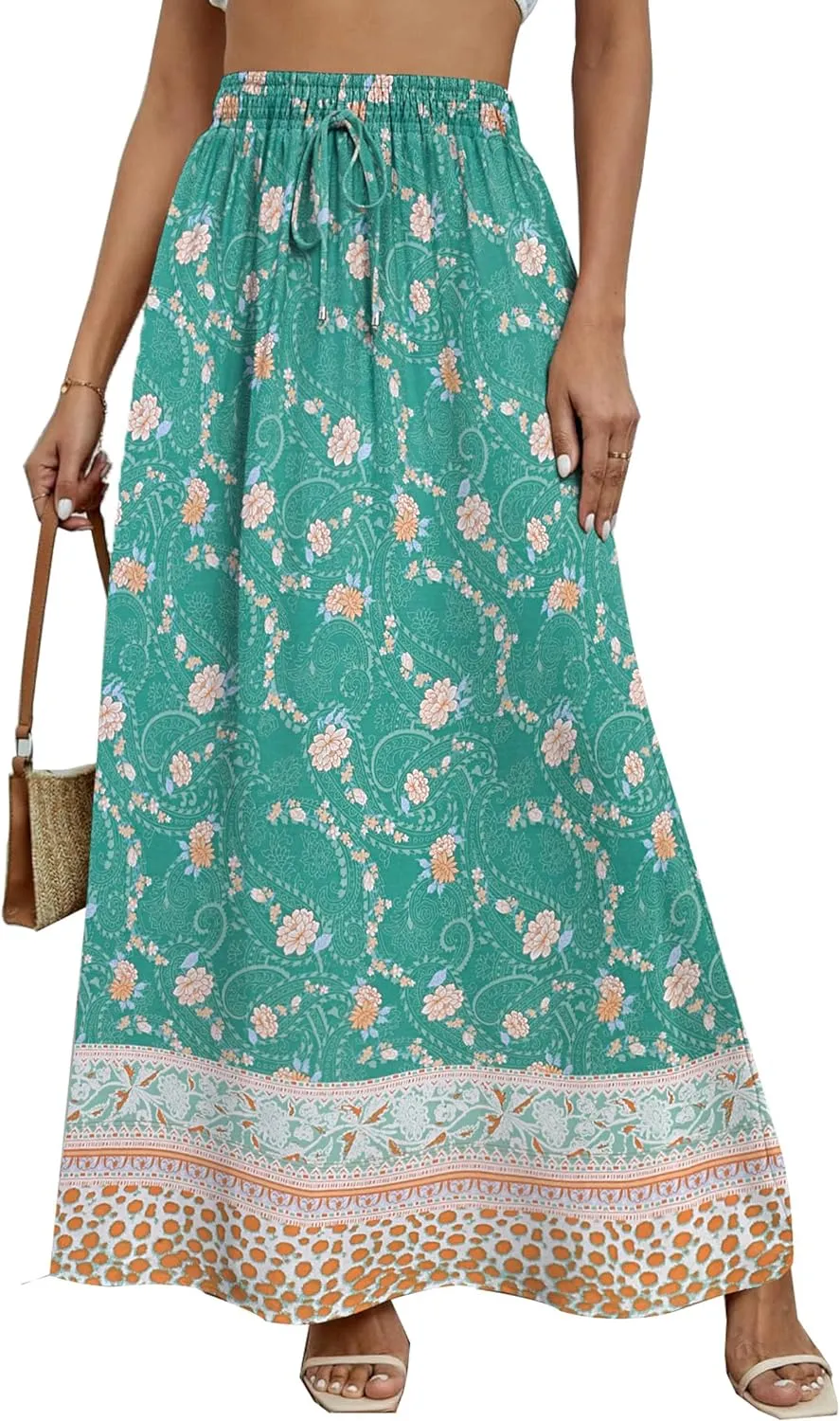 Zeagoo Women's 2024 Boho Floral Skirt Casual Elastic High Waist Maxi Skirts Flowy A Line Beach Long Skirt with Side Pockets