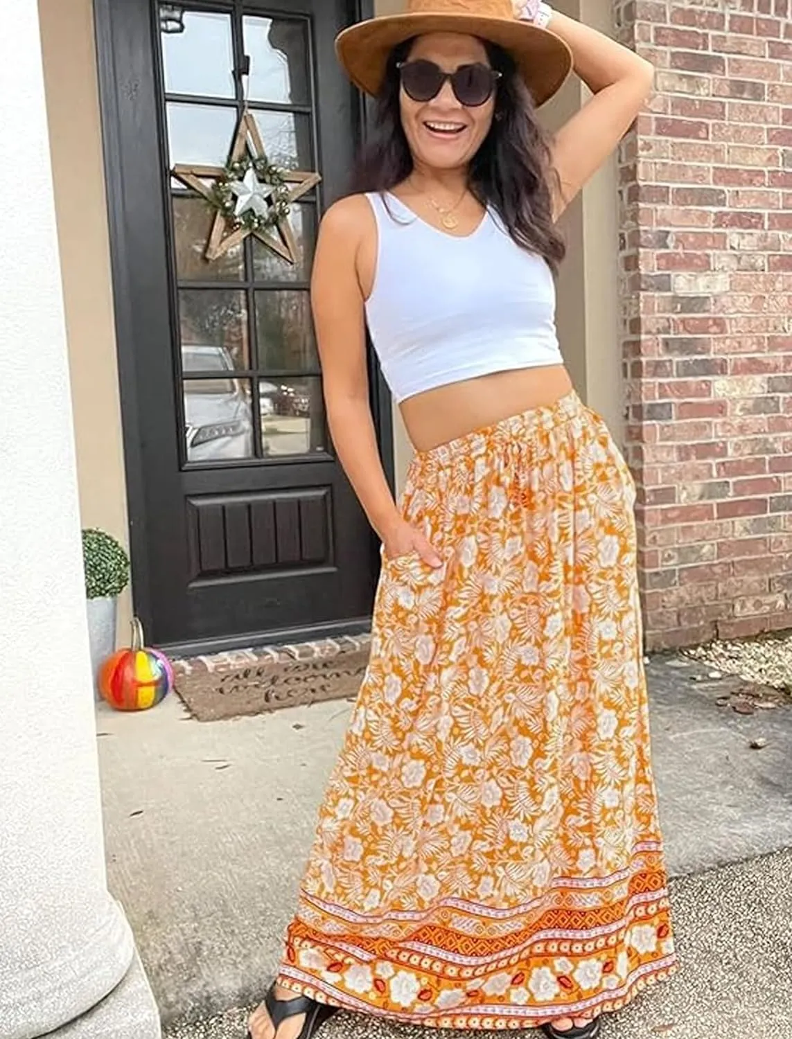 Zeagoo Women's 2024 Boho Floral Skirt Casual Elastic High Waist Maxi Skirts Flowy A Line Beach Long Skirt with Side Pockets
