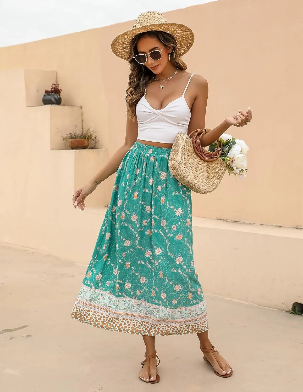 Zeagoo Women's 2024 Boho Floral Skirt Casual Elastic High Waist Maxi Skirts Flowy A Line Beach Long Skirt with Side Pockets