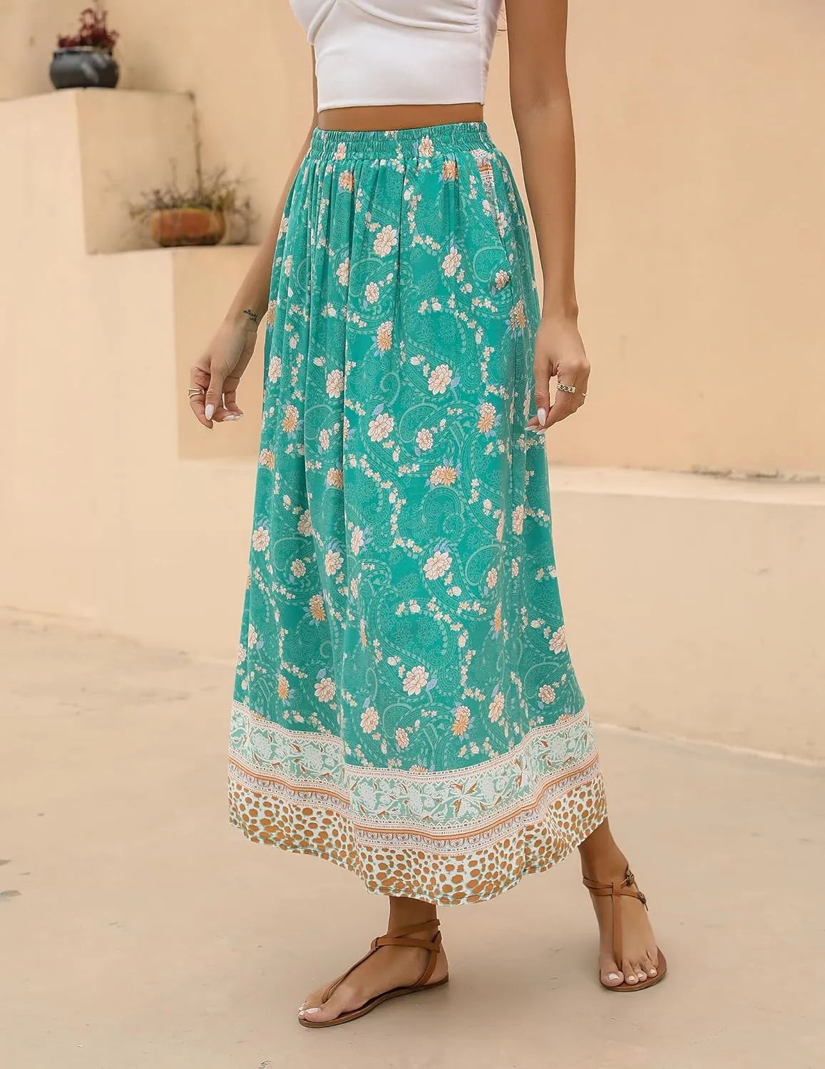 Zeagoo Women's 2024 Boho Floral Skirt Casual Elastic High Waist Maxi Skirts Flowy A Line Beach Long Skirt with Side Pockets