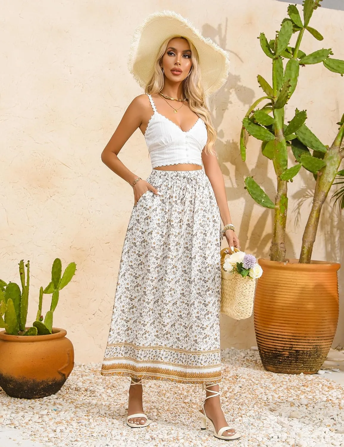 Zeagoo Women's 2024 Boho Floral Skirt Casual Elastic High Waist Maxi Skirts Flowy A Line Beach Long Skirt with Side Pockets