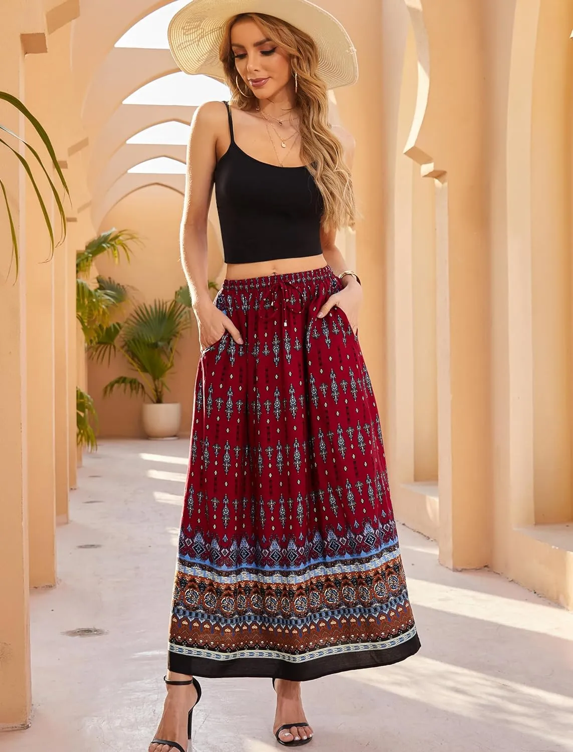 Zeagoo Women's 2024 Boho Floral Skirt Casual Elastic High Waist Maxi Skirts Flowy A Line Beach Long Skirt with Side Pockets