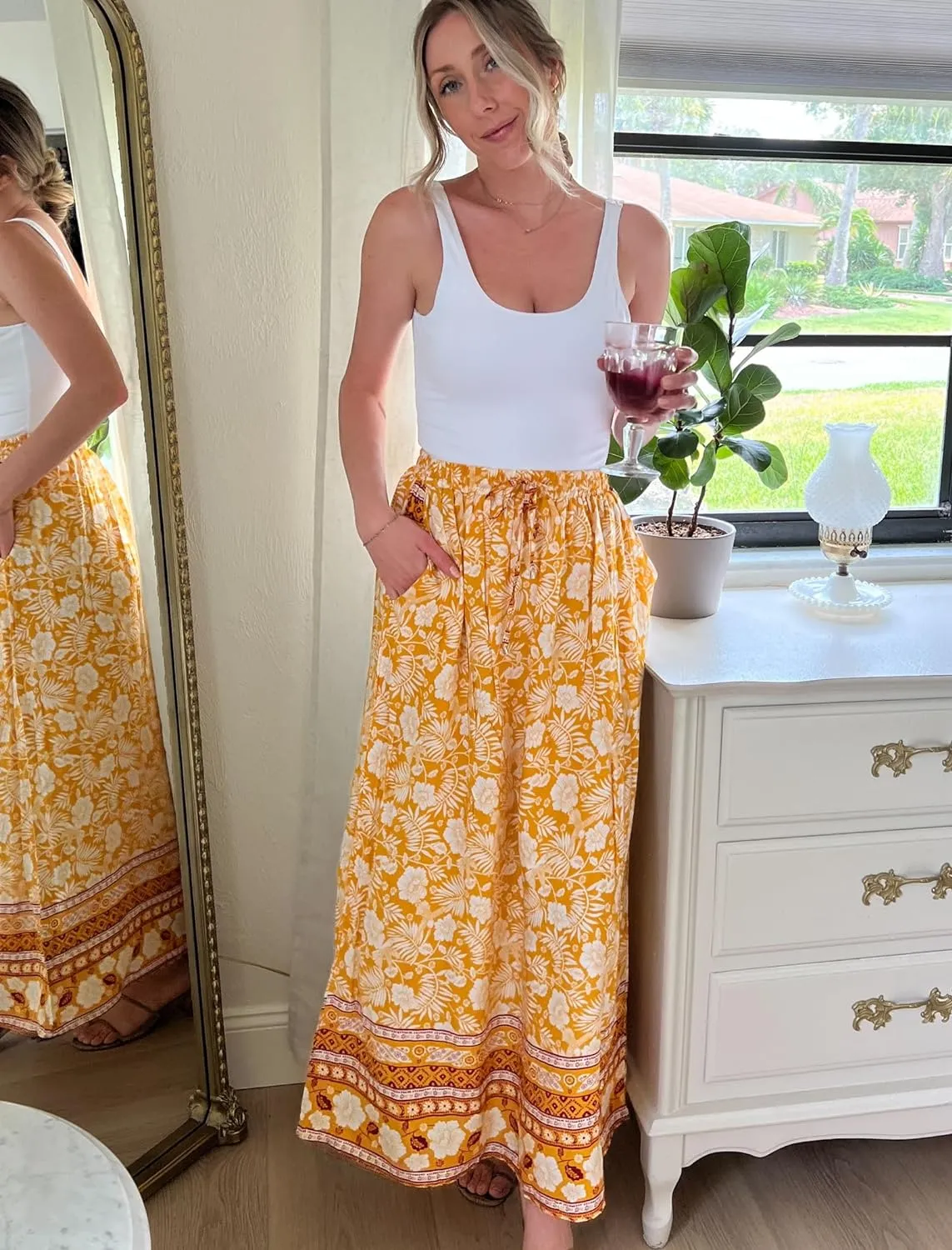 Zeagoo Women's 2024 Boho Floral Skirt Casual Elastic High Waist Maxi Skirts Flowy A Line Beach Long Skirt with Side Pockets