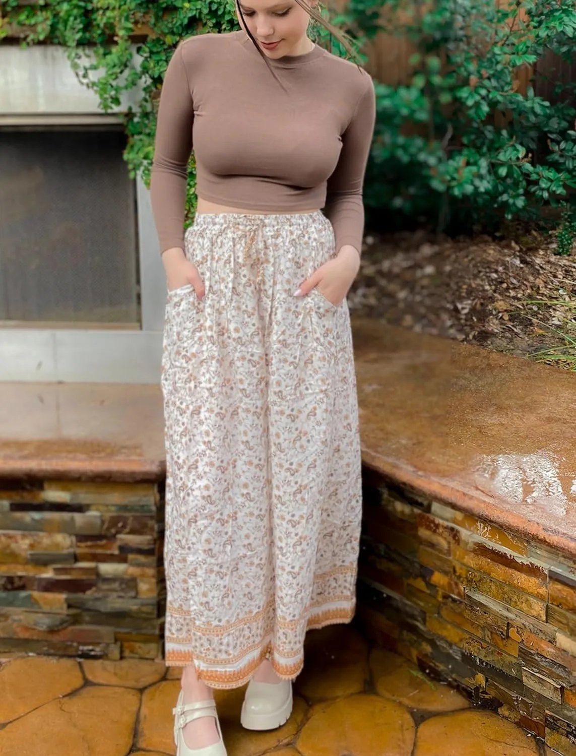 Zeagoo Women's 2024 Boho Floral Skirt Casual Elastic High Waist Maxi Skirts Flowy A Line Beach Long Skirt with Side Pockets