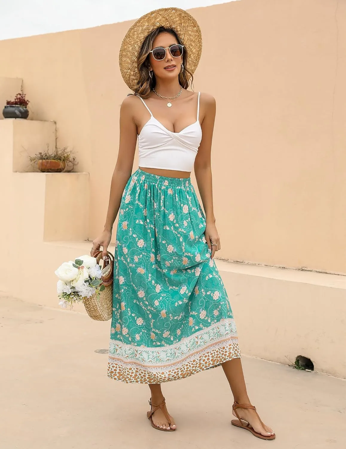Zeagoo Women's 2024 Boho Floral Skirt Casual Elastic High Waist Maxi Skirts Flowy A Line Beach Long Skirt with Side Pockets