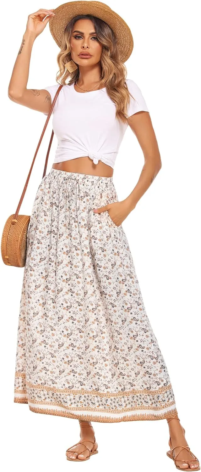 Zeagoo Women's 2024 Boho Floral Skirt Casual Elastic High Waist Maxi Skirts Flowy A Line Beach Long Skirt with Side Pockets