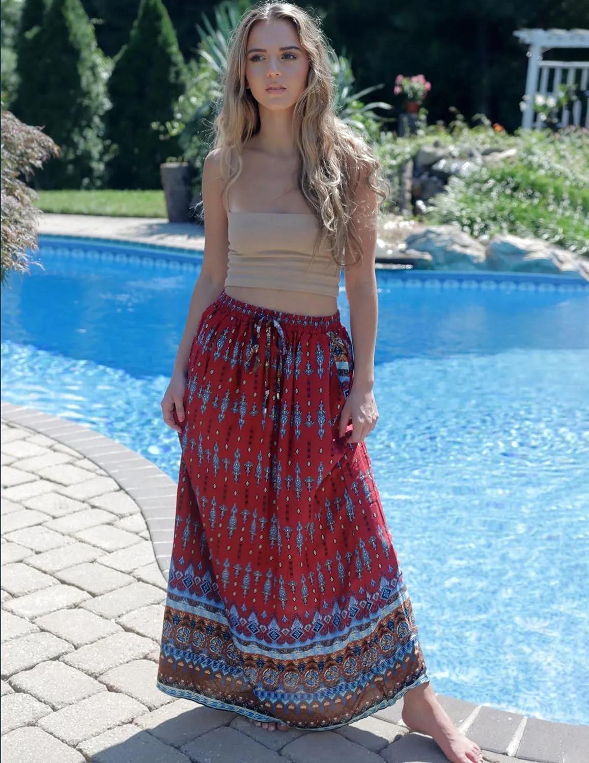 Zeagoo Women's 2024 Boho Floral Skirt Casual Elastic High Waist Maxi Skirts Flowy A Line Beach Long Skirt with Side Pockets
