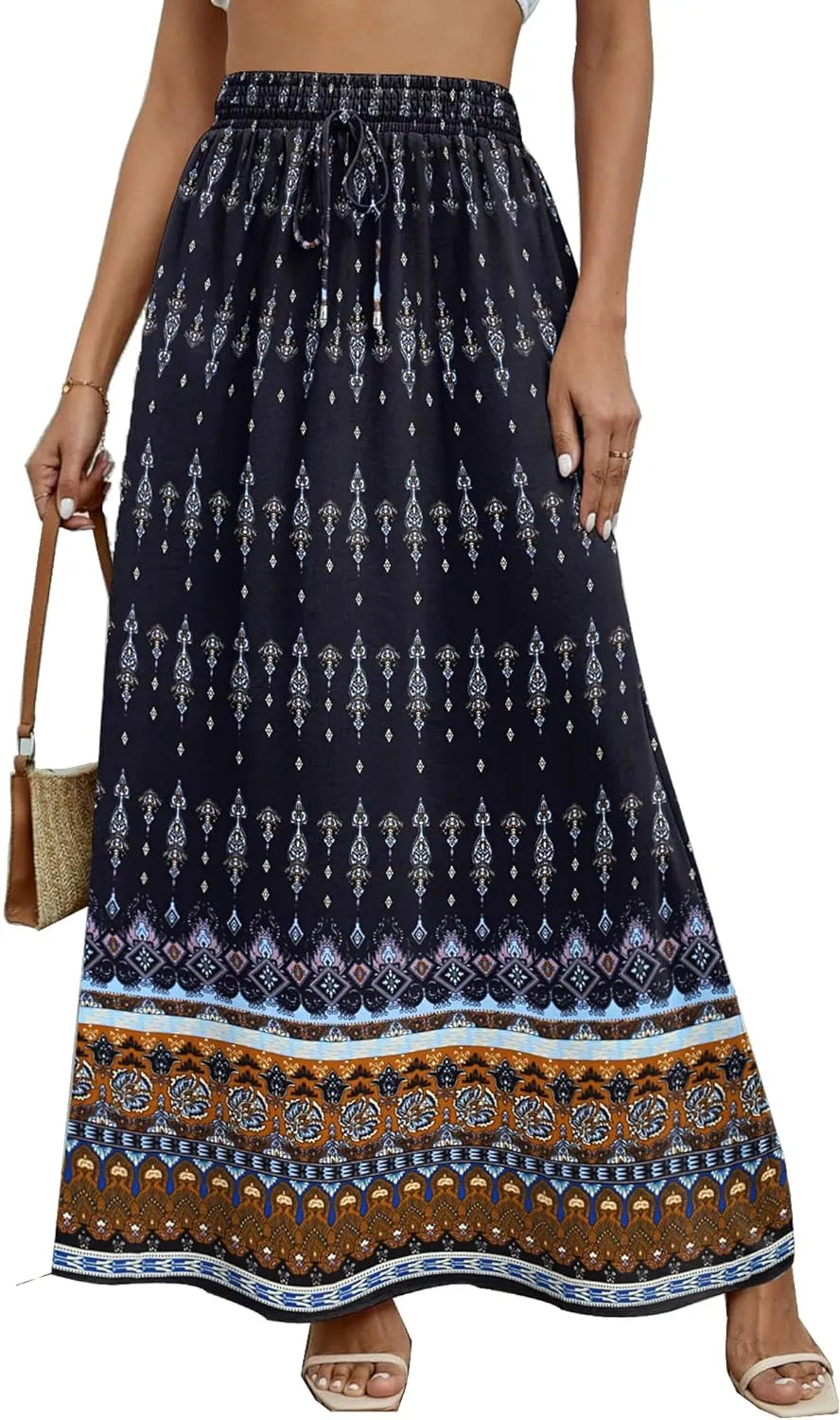 Zeagoo Women's 2024 Boho Floral Skirt Casual Elastic High Waist Maxi Skirts Flowy A Line Beach Long Skirt with Side Pockets