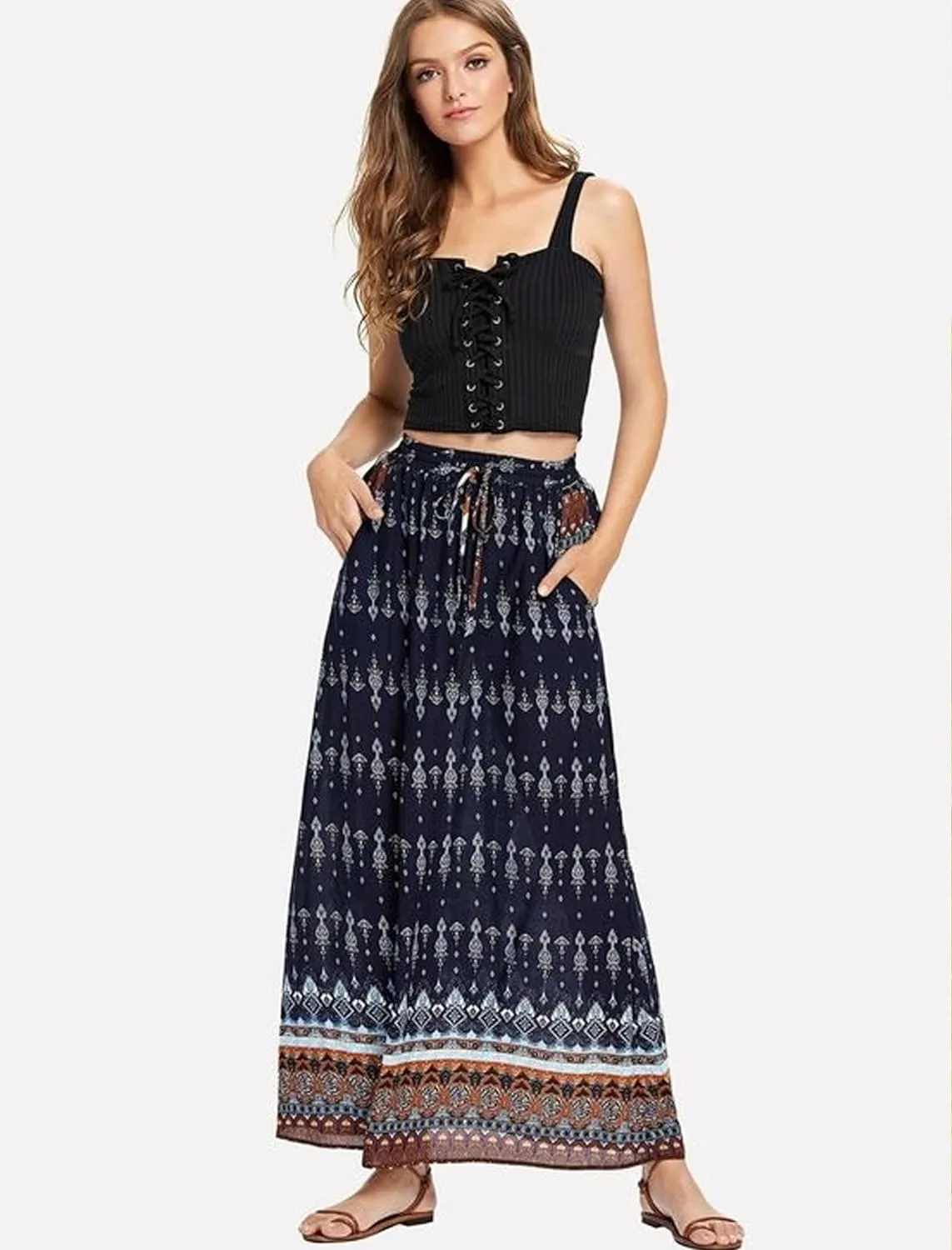 Zeagoo Women's 2024 Boho Floral Skirt Casual Elastic High Waist Maxi Skirts Flowy A Line Beach Long Skirt with Side Pockets