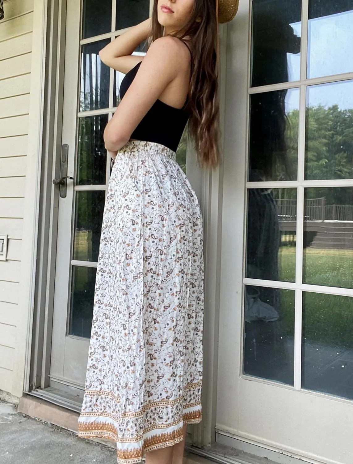 Zeagoo Women's 2024 Boho Floral Skirt Casual Elastic High Waist Maxi Skirts Flowy A Line Beach Long Skirt with Side Pockets