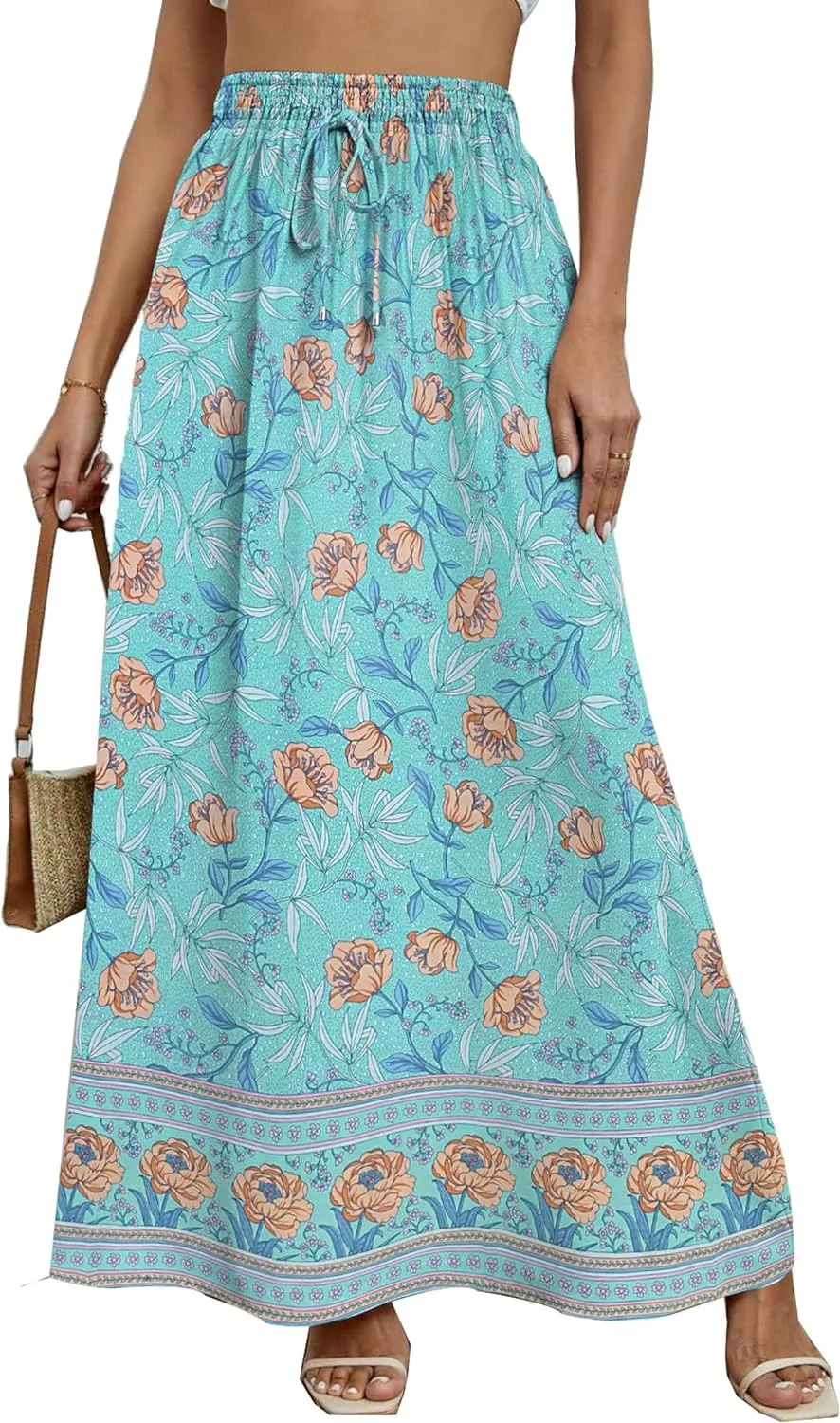 Zeagoo Women's 2024 Boho Floral Skirt Casual Elastic High Waist Maxi Skirts Flowy A Line Beach Long Skirt with Side Pockets