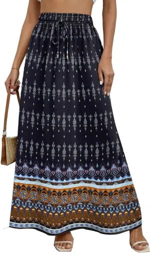 Zeagoo Women's 2024 Boho Floral Skirt Casual Elastic High Waist Maxi Skirts Flowy A Line Beach Long Skirt with Side Pockets