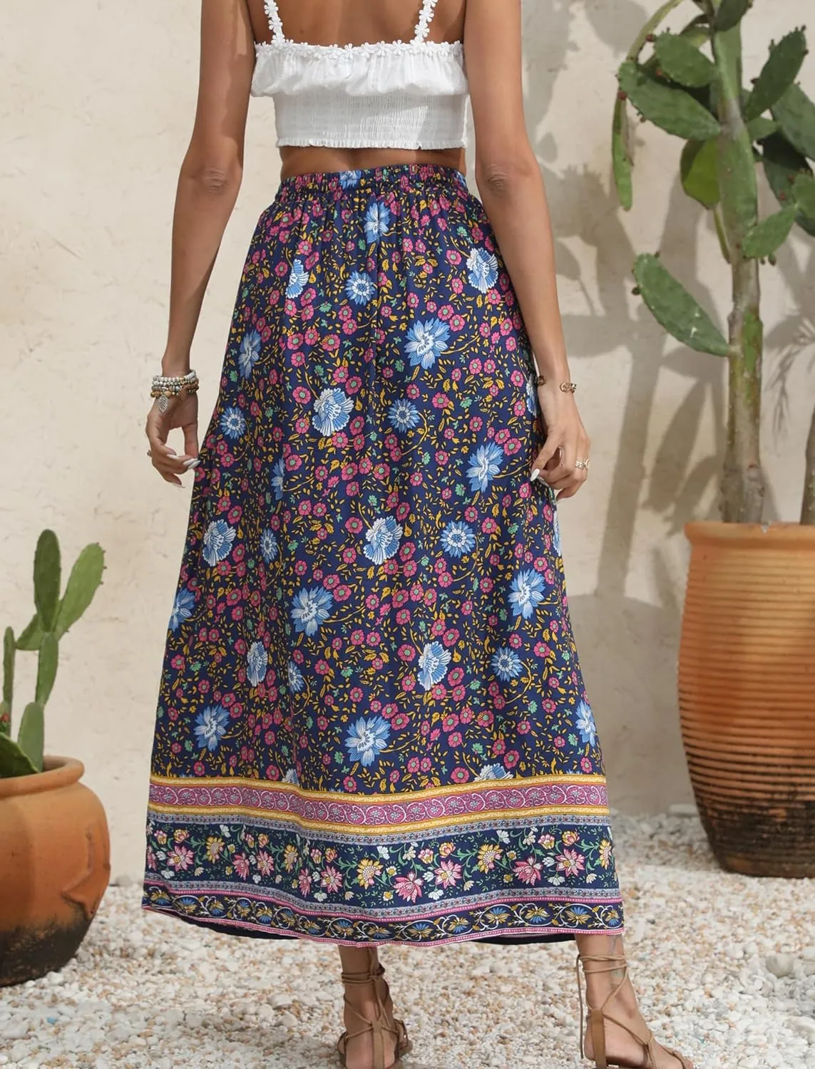 Zeagoo Women's 2024 Boho Floral Skirt Casual Elastic High Waist Maxi Skirts Flowy A Line Beach Long Skirt with Side Pockets
