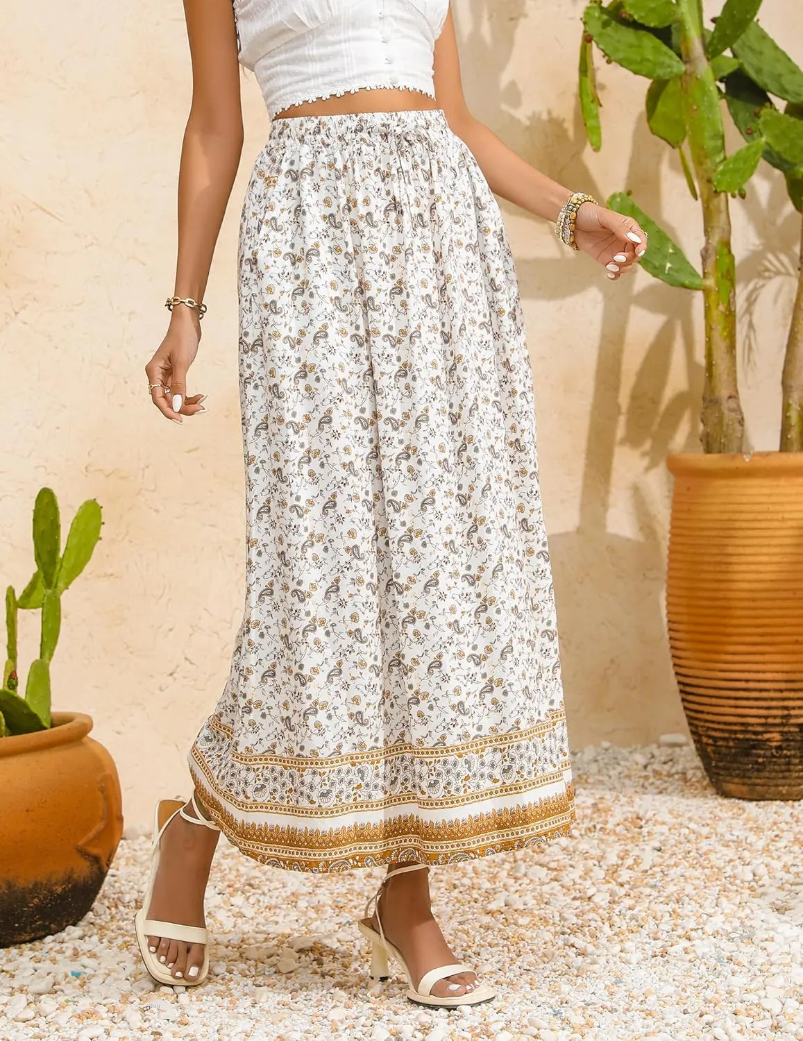 Zeagoo Women's 2024 Boho Floral Skirt Casual Elastic High Waist Maxi Skirts Flowy A Line Beach Long Skirt with Side Pockets