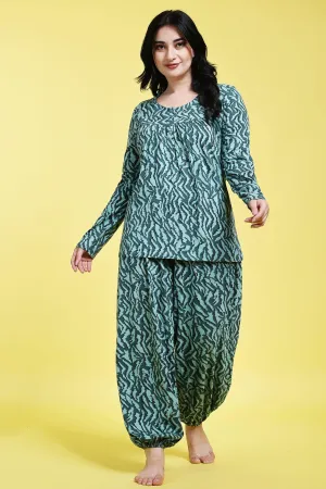 Zig Zag Abstract Printed Night Suit Set-Green
