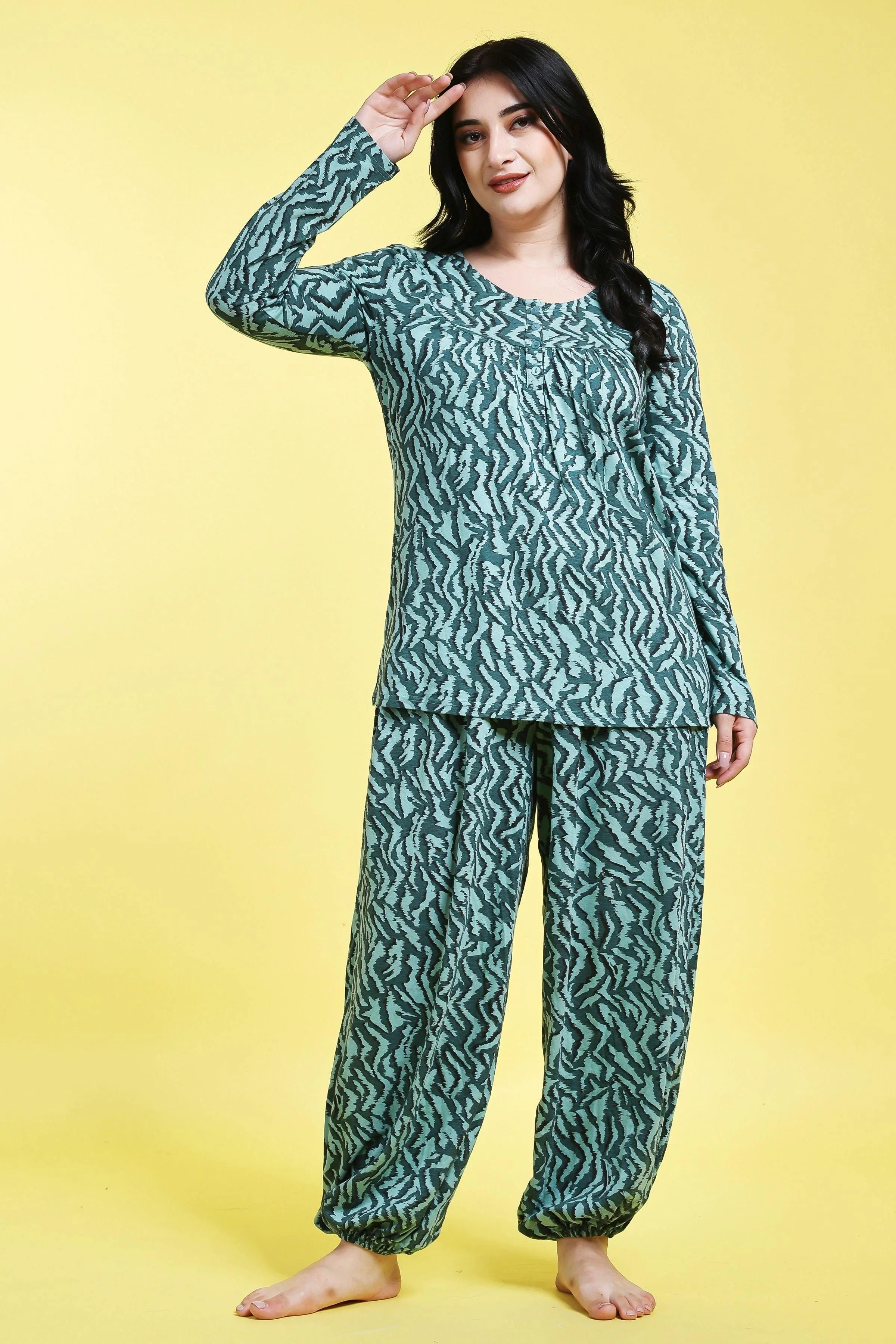 Zig Zag Abstract Printed Night Suit Set-Green